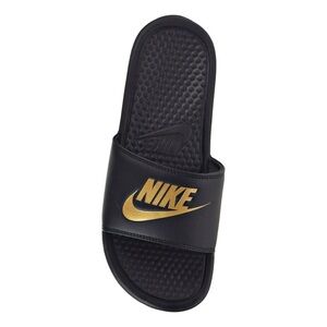 Nike Benassi JDI Men’s Clean Slide Sandals in a Black and Metallic Gold Size 11